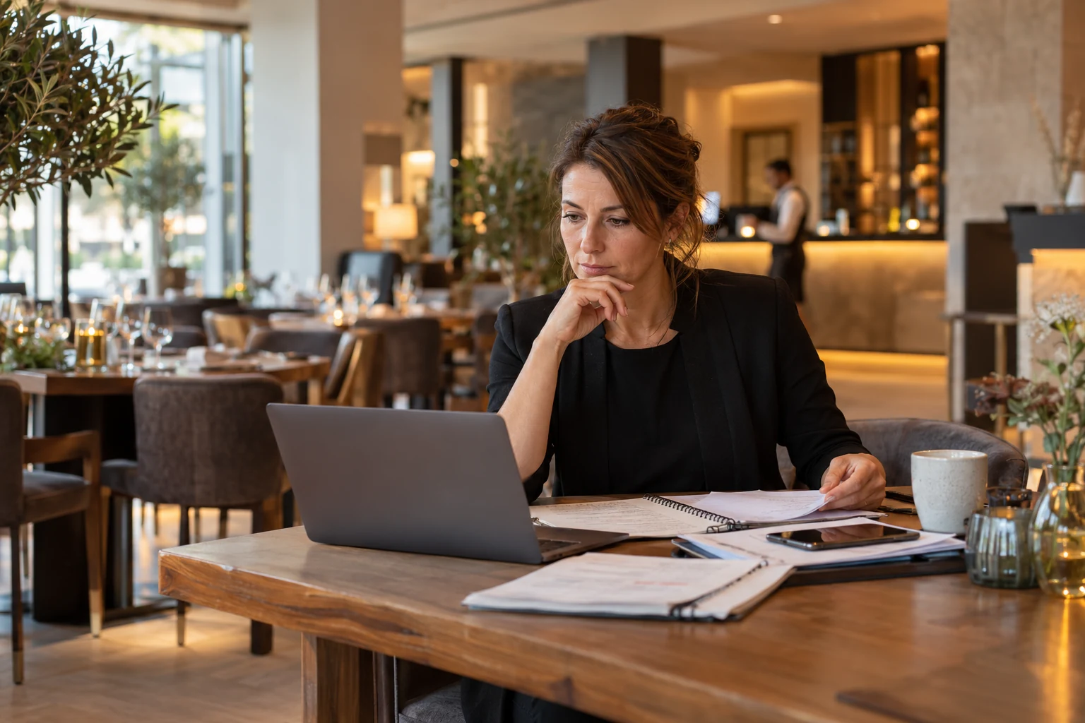 Hotel and restaurant manager considering operational questions at her laptop