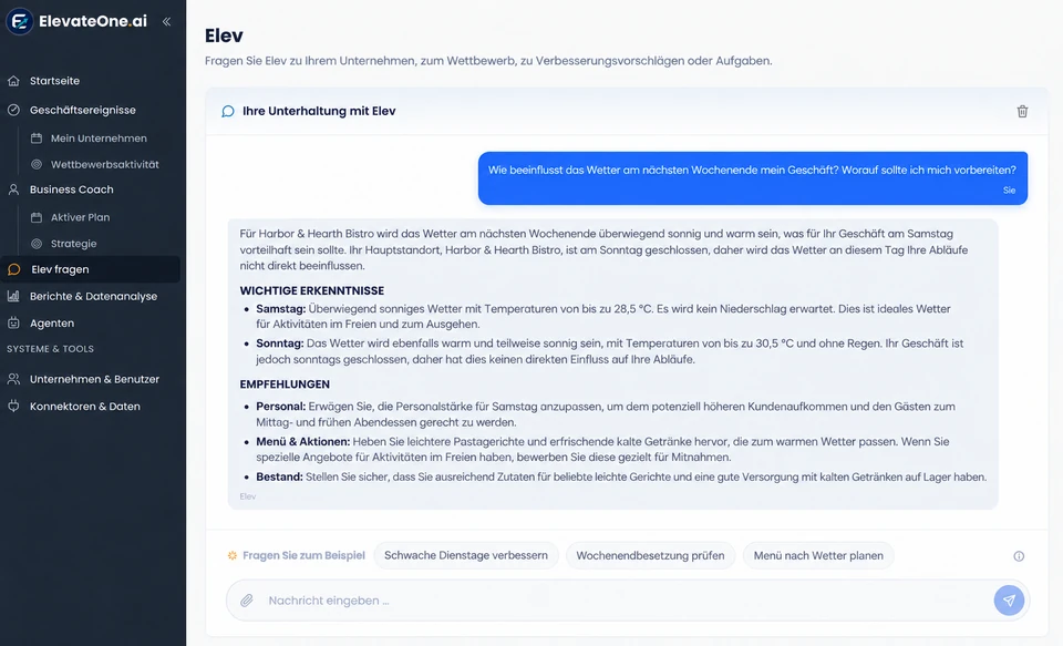 Ask Elev conversation in German with operational recommendations